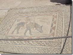 A mosaic of a man riding a donkey backwards.