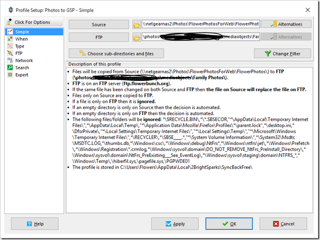 SyncBack settings for a file transfer