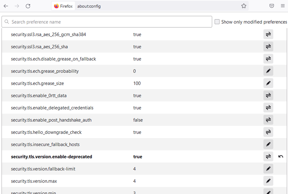 Set security.tls.version.enable-deprecated to true