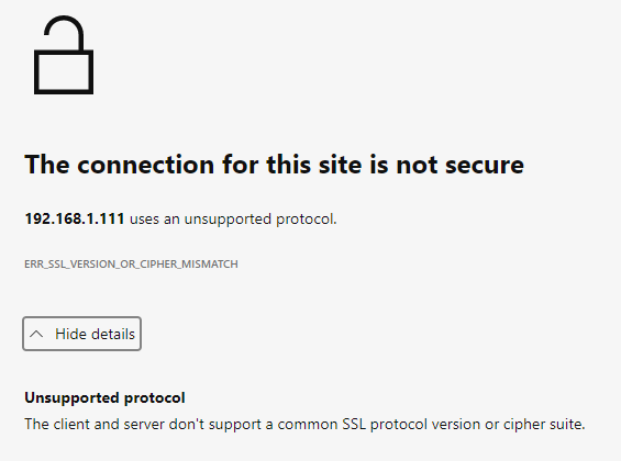 Screenshot of message "The connection for this site is not secure"